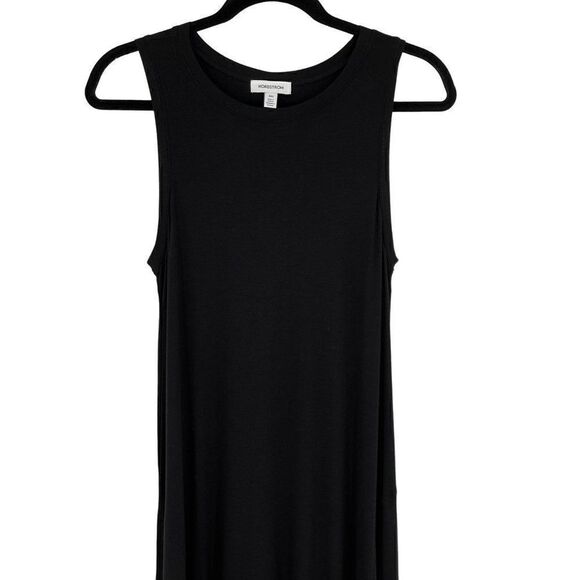 Nordstrom Drapey Sleeveless Handkerchief Hem Midi Sheath Dress Pockets Black XXS - Picture 3 of 11